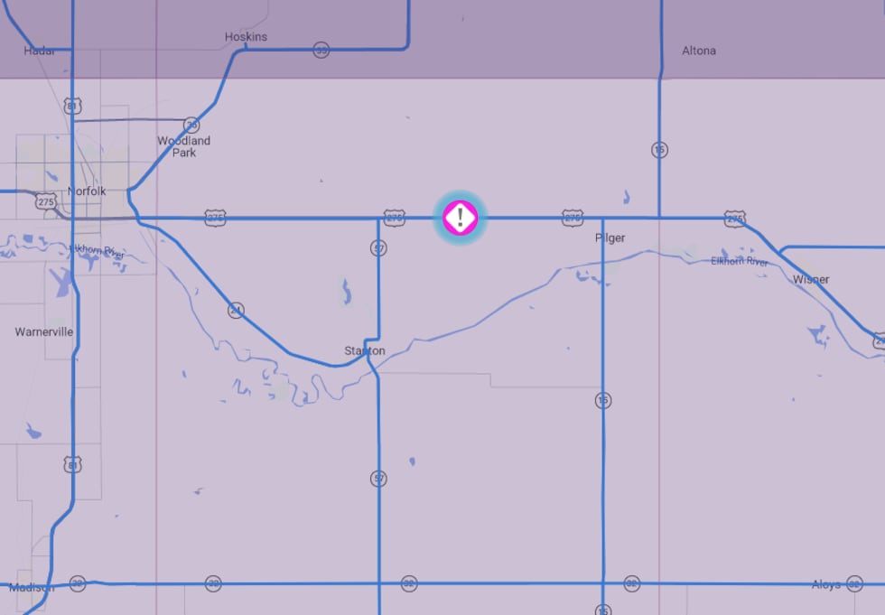 This map from Nebraska 511 shows where a Northeast Nebraska crash happened Sunday, March 15,...