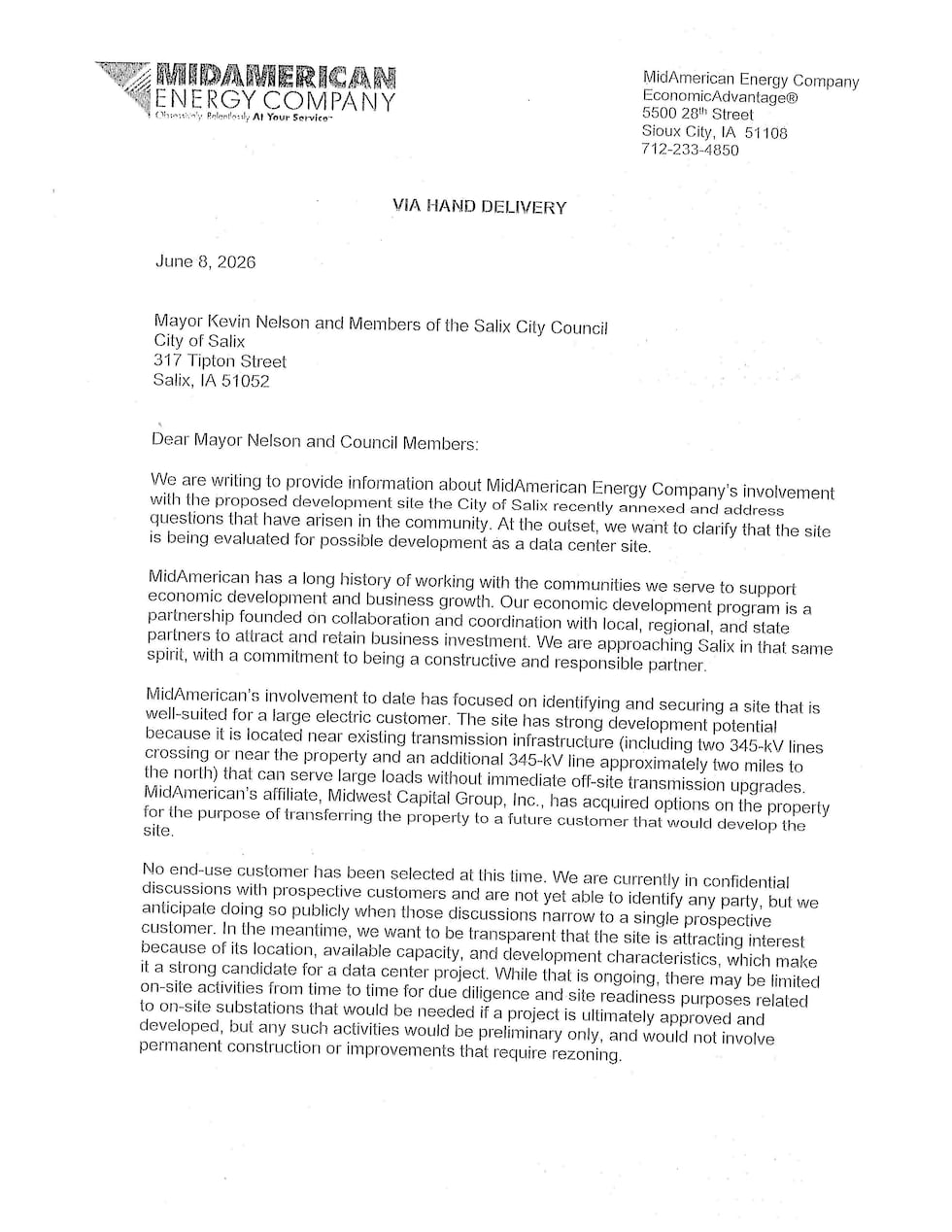 MidAmerican Energy: “Possible development as a data center site” in ...