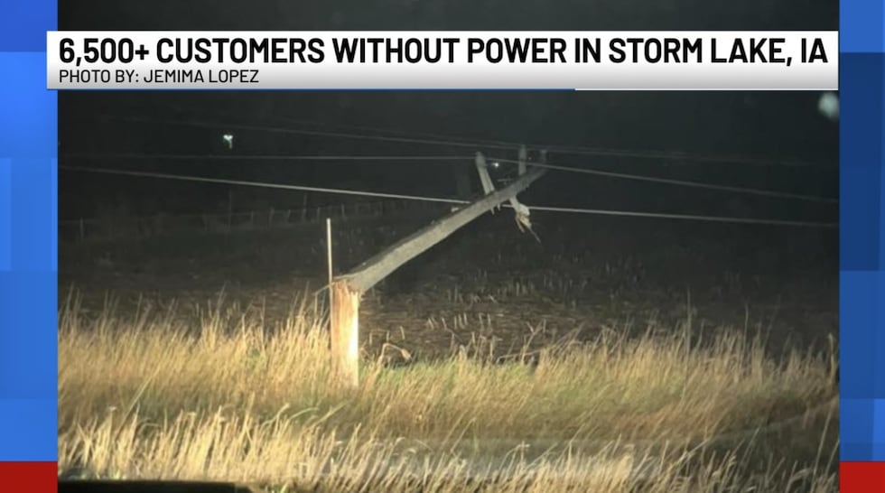 A power pole snapped in half in Storm Lake, Iowa after a round of severe weather on April 18,...