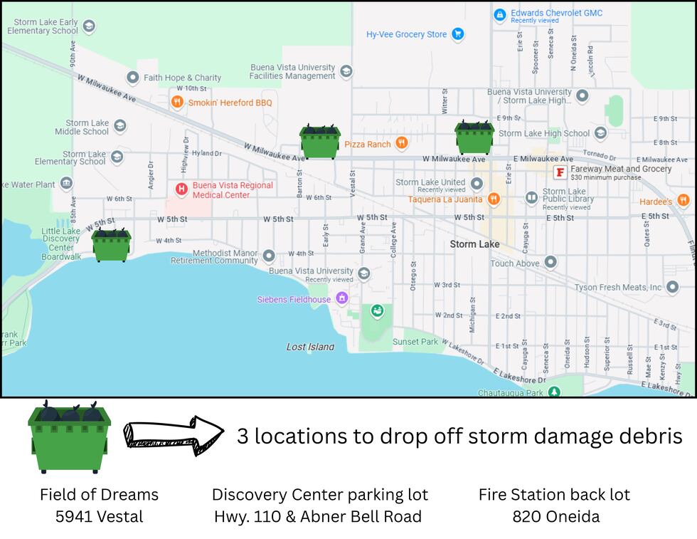 A map showing drop-off locations in Storm Lake where residents can dump their debris.