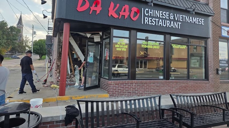 This photo shows the damage on the outside of the Da Kao Restaurant in Downtown Sioux City